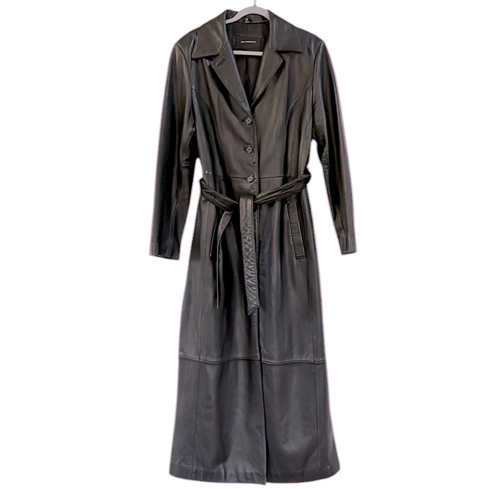 JIM & MARYLOU BELTED FULL LENGTH LEATHER TRENCH COAT BLACK SIZE EXTRA LARGE